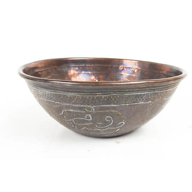 Islamic Small Antique Middle East Arabic Calligraphy Silver Inlay Copper Bowl For Sale - Image 3 of 6