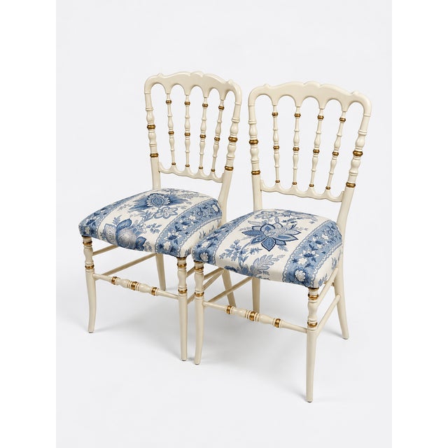 Napoleon III Style Chair in Ivory Lacquer with Gilt Details and Blue Floral Upholstery, 1970s For Sale - Image 3 of 5