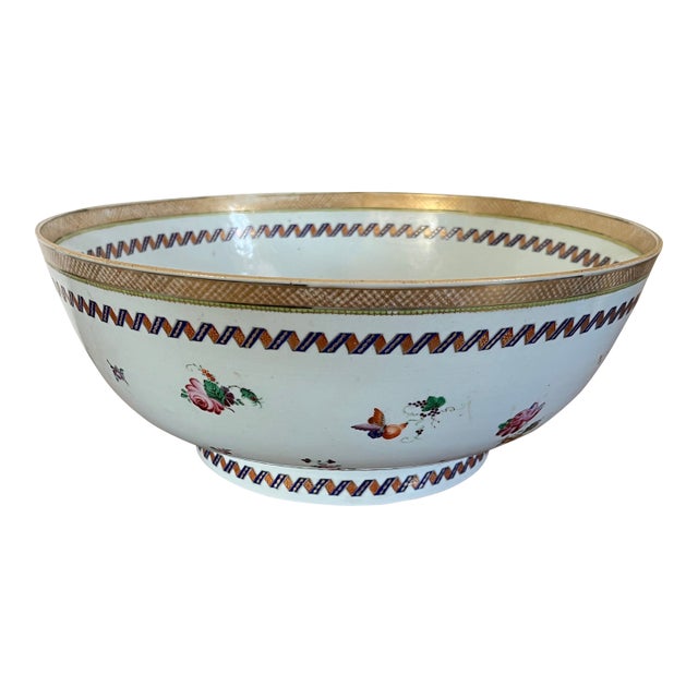 Large Antique 18th Century Chinese Export Famille Rose Porcelain Punch Bowl Decorated With Flowers, Fruit and Butterflies For Sale
