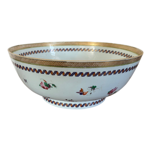 Large Antique 18th Century Chinese Export Famille Rose Porcelain Punch Bowl Decorated With Flowers, Fruit and Butterflies
