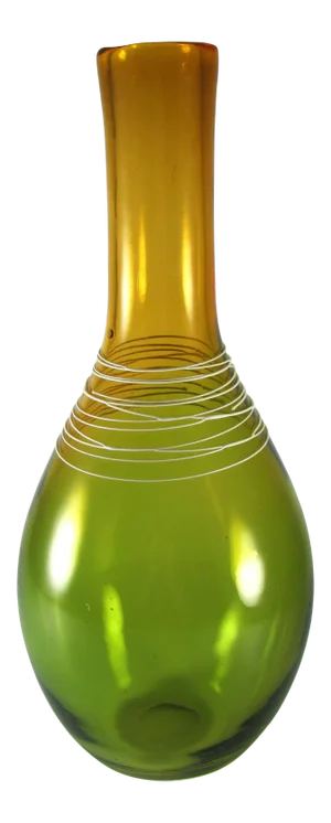14" Handblown Murano Style Art Glass Bulbous Long Neck Citrine Amber and Green Vase With White Drizzle Icing