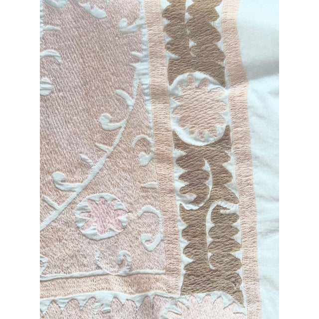 Suzani Embroidered Wall Hanging - Neutral Tan Uzbekistan Embroidery 4'4'' X 4'6'' For Sale - Image 4 of 8