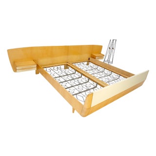 Swedish Mid Century Blond Birch King Headboard Bed Night Stands Box Spring NICE! For Sale