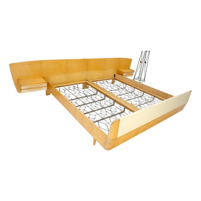 Swedish Mid Century Blond Birch King Headboard Bed Night Stands Box Spring NICE! For Sale