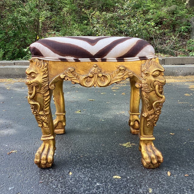 Wood Mid 20th Century Hollywood Regency Giltwood Stool With Figural Carved Legs and Ralph Lauren Zebra Upholstery For Sale - Image 7 of 10