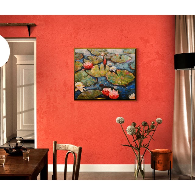 Red Framed Textured Contemporary Iris Lilies Red White Blue Painting on Canvas For Sale - Image 8 of 9