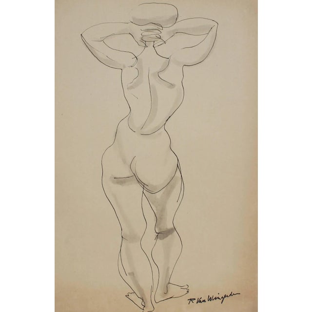 This mid 20th century watercolor on paper Expressionist figure is by Dutch-Californian Expressionist Richard Van Wingerden...