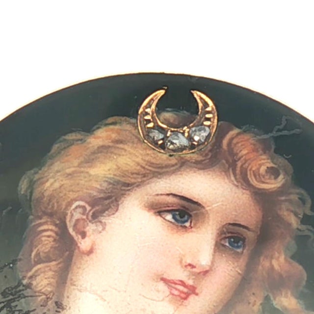 Diana the Huntress Hand Painted Victorian Enamel Pin For Sale - Image 4 of 5