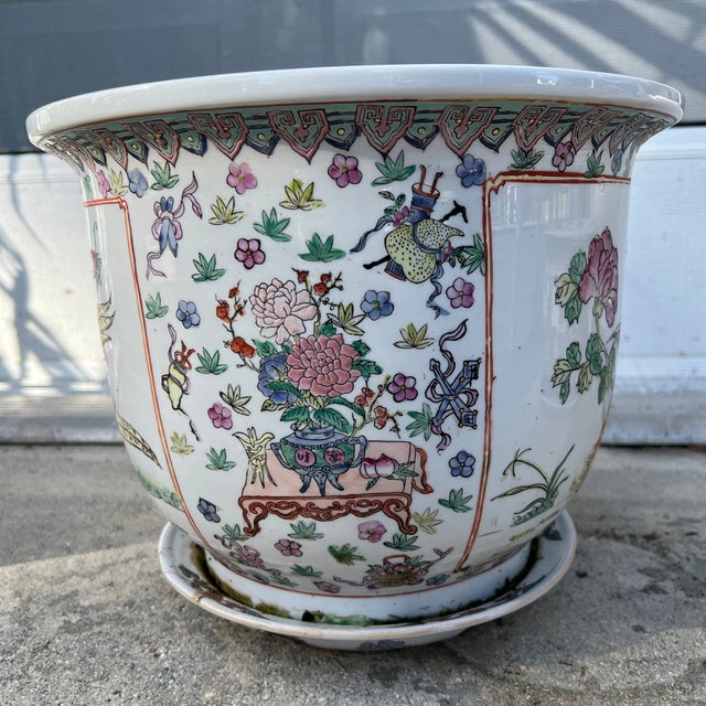 Ceramic Vintage Chinese Famille Rose Porcelain Fishbowl Planters & Saucers - Pair For Sale - Image 7 of 10