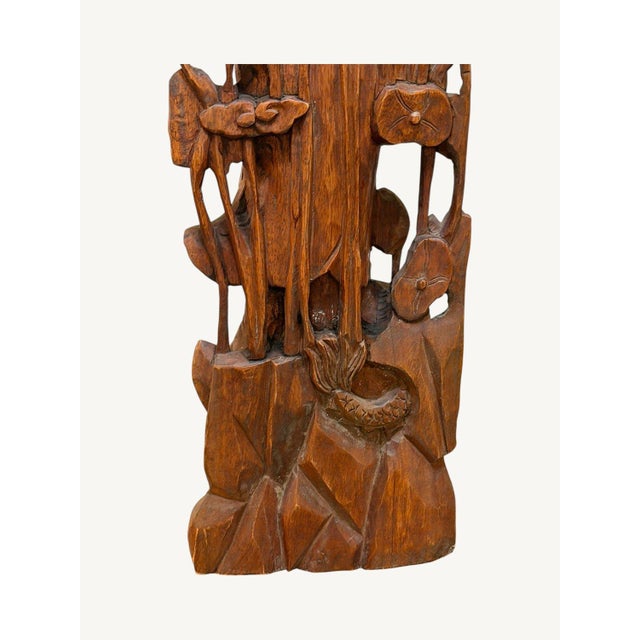 Vintage Chinese Carved Wood Guanyin Kuan Yin Lotus Birds Sculpture 23.75" For Sale - Image 10 of 15