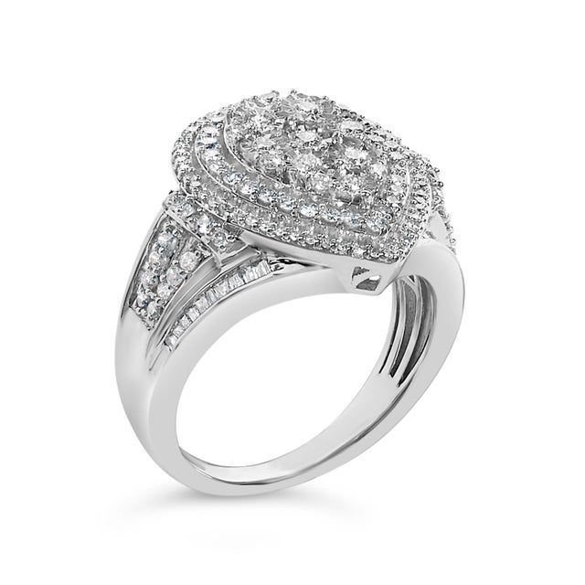 Contemporary Sterling Silver 1 Cttw Diamond Pear-Shaped Triple Halo Cluster Ring - Size 7 For Sale - Image 3 of 6
