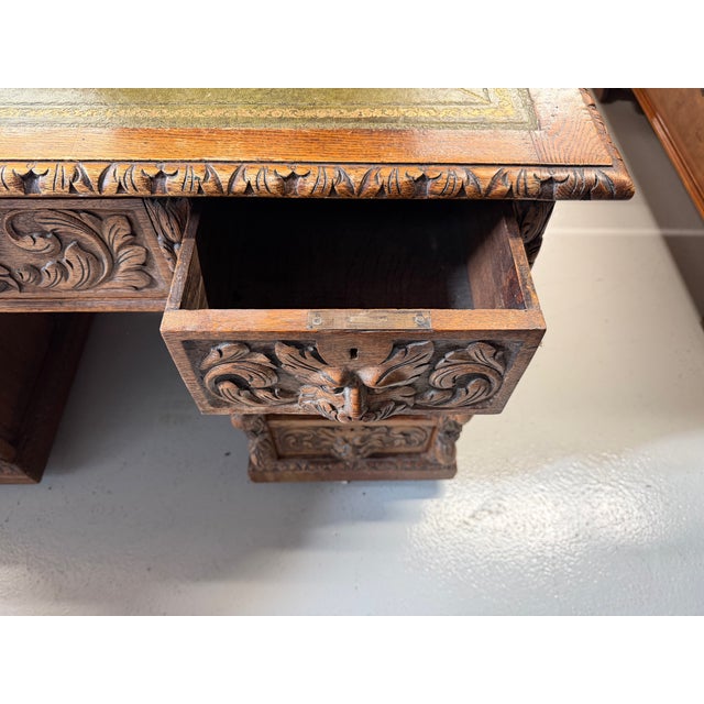 Antique Carved Oak Desk with Lion Handles, 1890s For Sale - Image 10 of 13