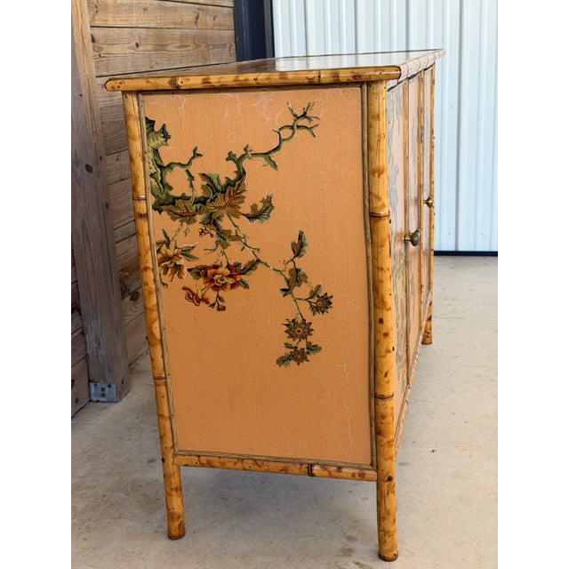 1990s Vintage Coastal Tortoise Bamboo Sideboard Cabinet With Floral Decoupage & Crackle Finish For Sale - Image 5 of 12