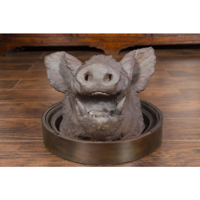 Ceramic English 1880s Terracotta Hog Head Mounted on New Custom Circular Iron Frame For Sale - Image 7 of 12