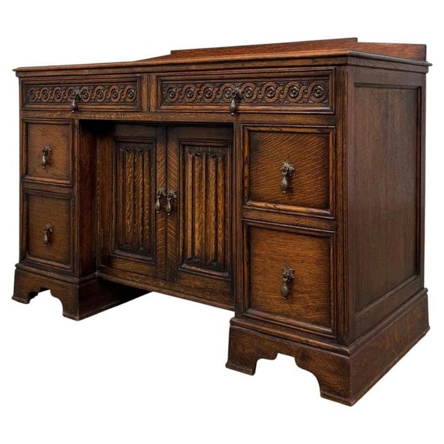 Antique Early 20th Century English Edwardian Carved Oak Desk For Sale - Image 5 of 13