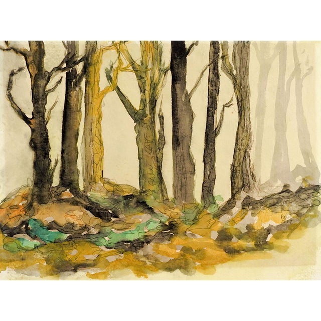 Rustic 1977 Mysterious Forest Landscape Watercolor Painting For Sale - Image 3 of 3