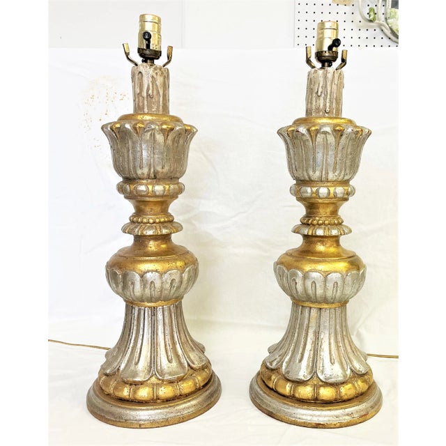 Vintage Italian Fluted Wood Silver and Gold Gilt Lamps- a Pair For Sale - Image 13 of 13