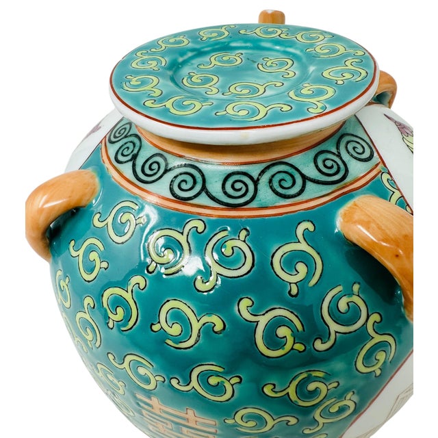 Vintage Chinese Famille Rose Ewer | Decorative Porcelain Wine Pot | Mid-Century Chinoiserie Decor | Hand-Painted Qilin Mythical Figure Pitcher For Sale - Image 10 of 15