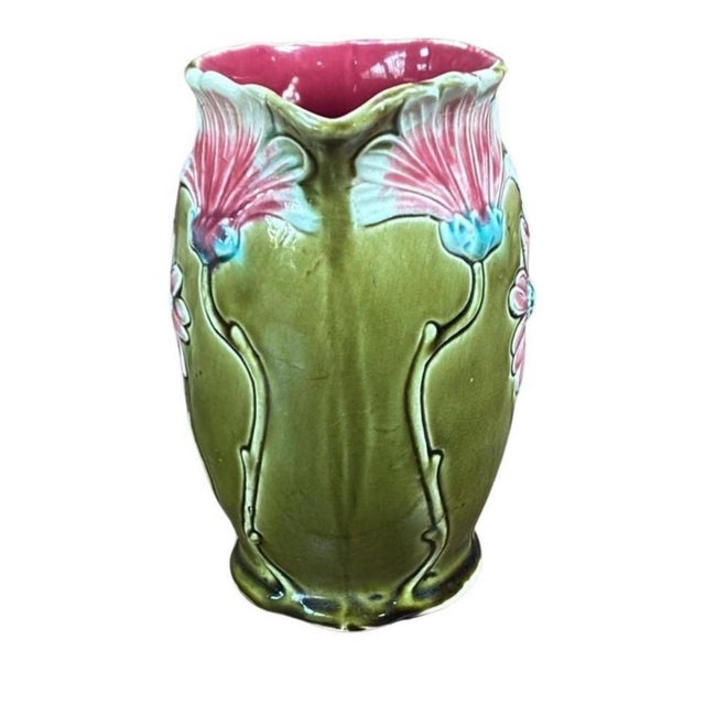 French Country French Majolica Pink Daisy Pitcher Fives Lille, Circa 1900 For Sale - Image 3 of 7