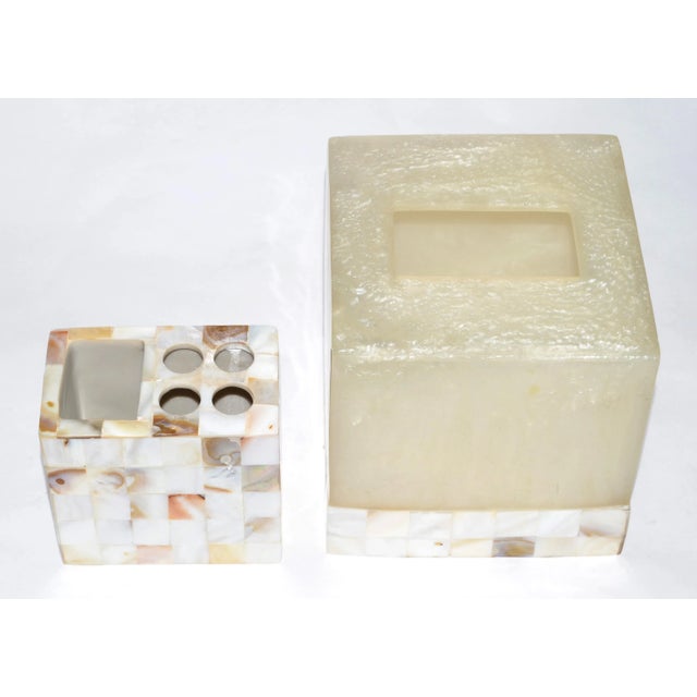 Tan Natural Capiz Shell Acrylic Tissue Box Cover Toothbrush Holder Countertop Accessories For Sale - Image 8 of 12