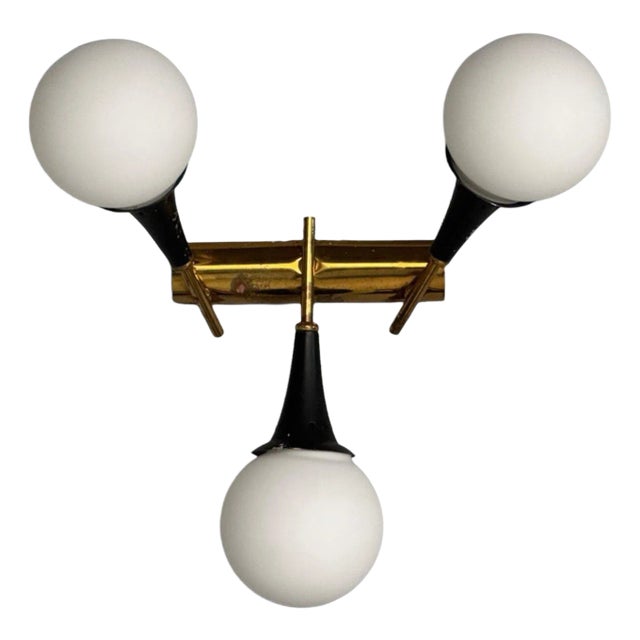 Stilnovo, Italian Mid-Century Modern, Brass, Glass, Three Light Sconce, 1950s Unwired For Sale
