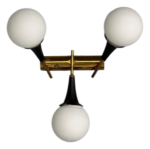 Stilnovo, Italian Mid-Century Modern, Brass, Glass, Three Light Sconce, 1950s Unwired