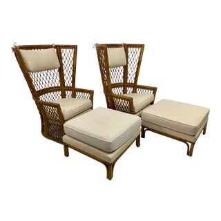 High Back Bamboo Chairs with Ottomans, 1980s, Set of 4 For Sale