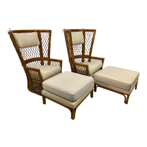 High Back Bamboo Chairs with Ottomans, 1980s, Set of 4