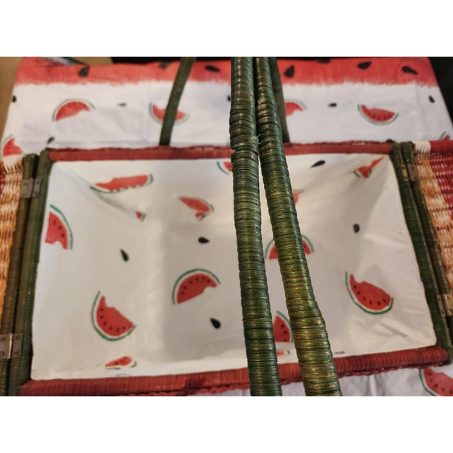 1980s 1980s Vintage Boho Chic Watermelon Wicker Picnic Basket & Matching Tablecloth Set - 2 Pieces For Sale - Image 5 of 11