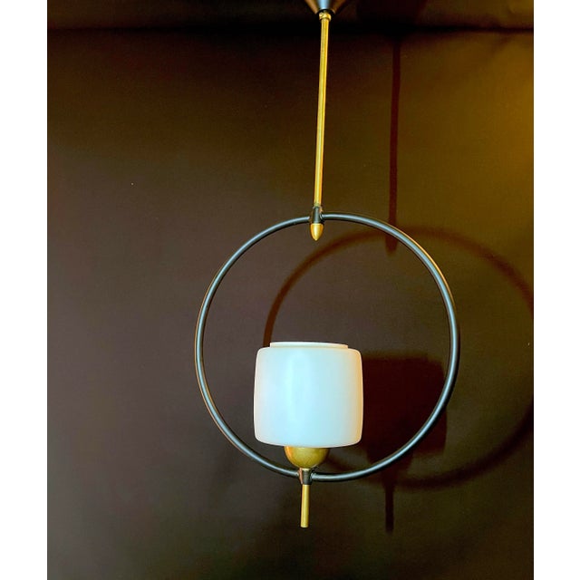 Mid-Century Modern Maison Lunel, Mid-Century Black and Brass Circular Pendant, France For Sale - Image 3 of 8