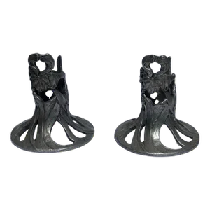 Pewter Iris Flower Candlestick Holders - a Pair