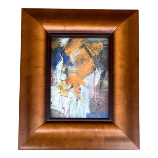 1970’s Original Abstract Small Pastel Drawing Wide Wood Frame Signed For Sale