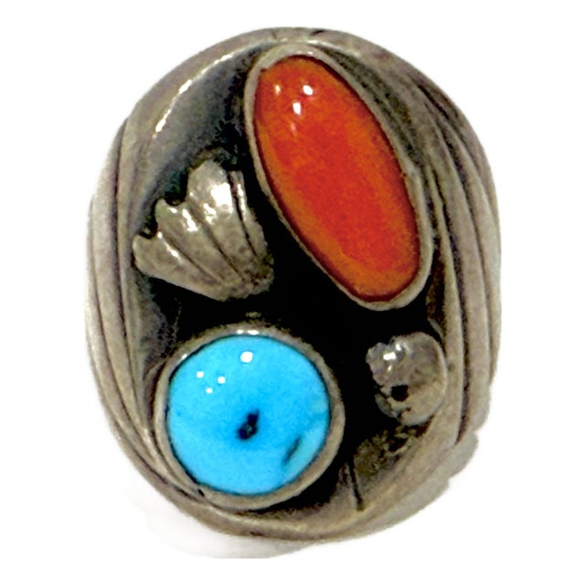 Navajo Old Pawn Heavy Sterling Silver Turquoise Coral Native American Ring Southwest For Sale