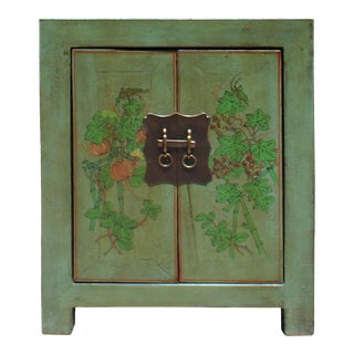 Distressed Grass Green Lacquer Graphic Side End Table Nightstand For Sale
