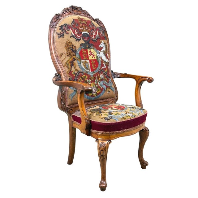 Victorian Walnut Armchair with Royal Coat of Arms Upholstery, 1860 For Sale - Image 9 of 14