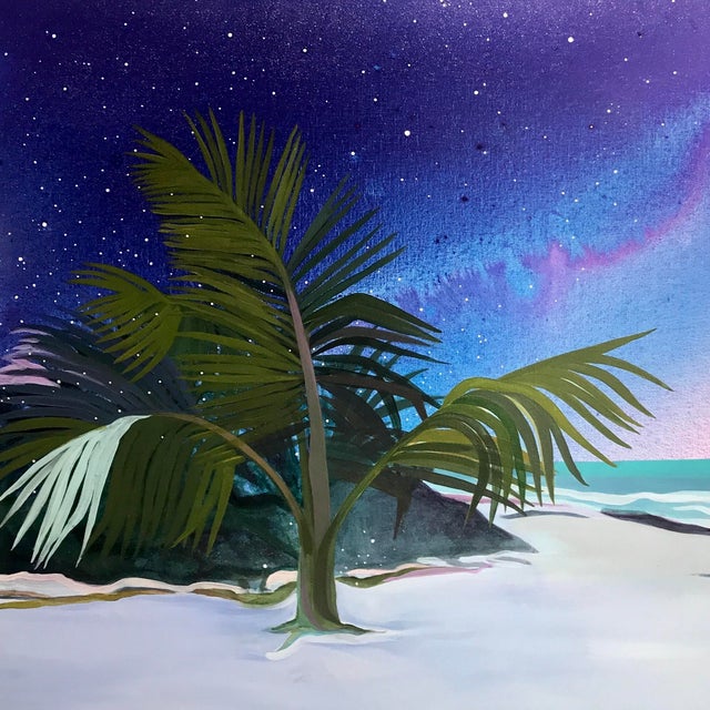 "Tulum" by Javiera Da Fonseca Ilić, Tulum Mexico Tropical Coast, Dreamy Palm Tree Purple Sky, Caribbean Bohemian Landscape, Original Oil Painting For Sale - Image 4 of 9