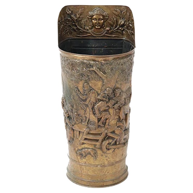 Renaissance Revival Style Hammered Brass Umbrella Stand, 1920s For Sale