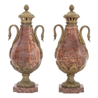 French Ormolu Mounted Rouge Griotte Urns, Pair For Sale