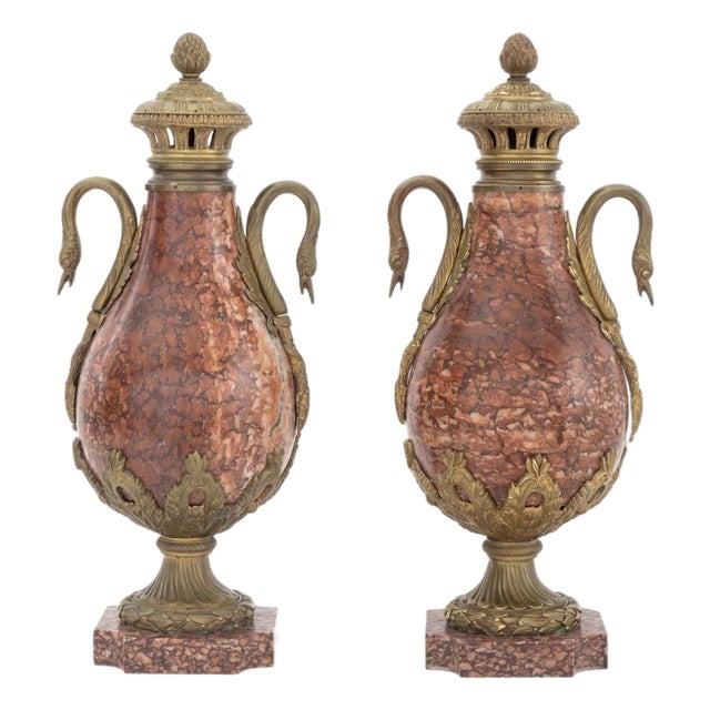 French Ormolu Mounted Rouge Griotte Urns, Pair For Sale