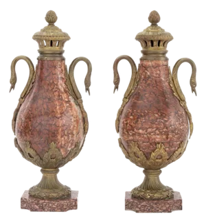 French Ormolu Mounted Rouge Griotte Urns, Pair