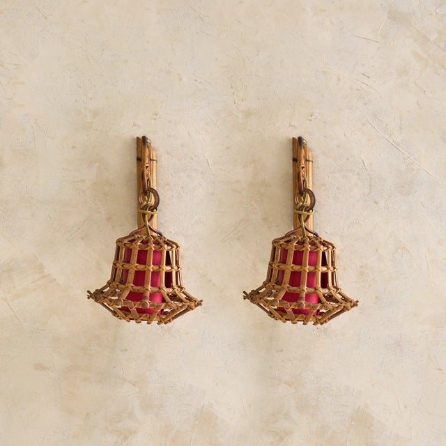 Mid-Century Modern Pair of Italian Rattan + Bamboo Sconces with Red Diffusers, 1970s For Sale - Image 3 of 10