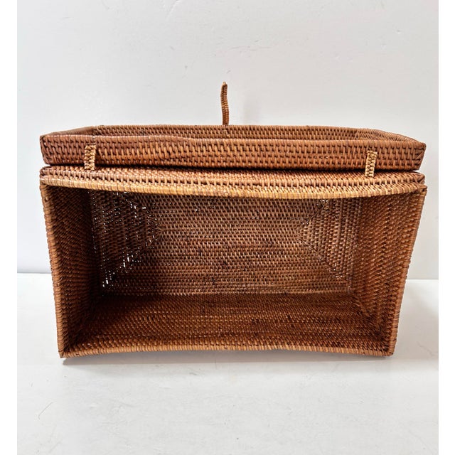 Vintage Handwoven Rattan Lidded Storage Box With Toggle Closure For Sale - Image 9 of 9