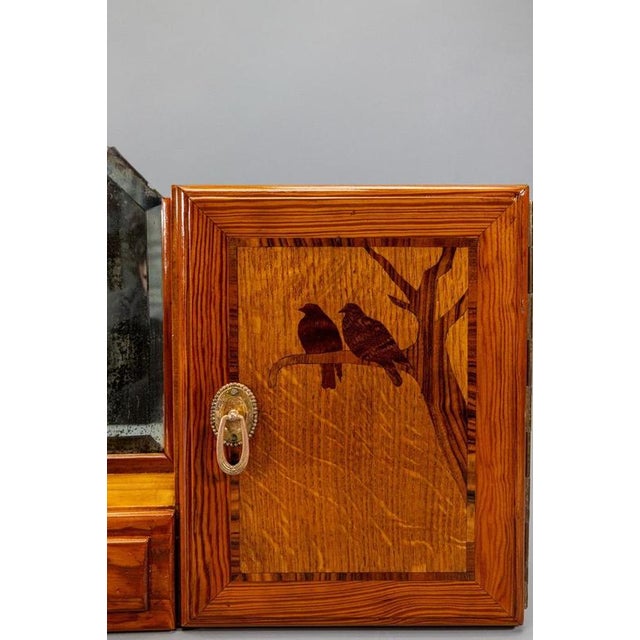 1930s French Art Deco Pine Wood Wall Cabinet with Bird Marquetry & Mirror, 1930s For Sale - Image 5 of 18