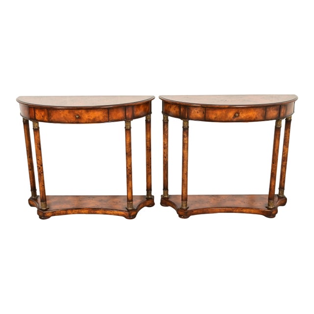 Maitland Smith Style French Empire Burl Wood and Gold Gilt Demilune Console Tables, Pair For Sale