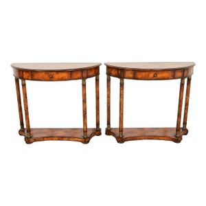 Maitland Smith Style French Empire Burl Wood and Gold Gilt Demilune Console Tables, Pair