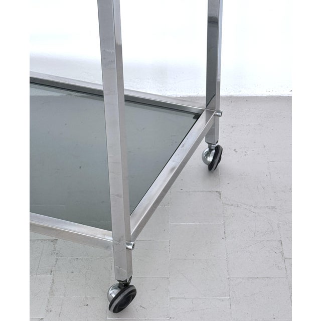 Silver Mid-Century Italian Chrome and Glass Two Tier Rolling Bar Cart, 1970s For Sale - Image 8 of 17