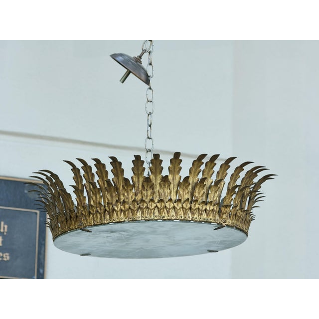 Mid 20th Century Spanish Midcentury Gilt Metal Semi-Flush Crown Chandelier with Tiered Foliage For Sale - Image 9 of 12