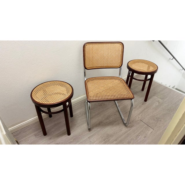 Brown Bentwood Stools 214 with Viennese Wickerwork on Brown Wood by Thonet Brothers for Thonet, 1981, Set of 2 For Sale - Image 8 of 18