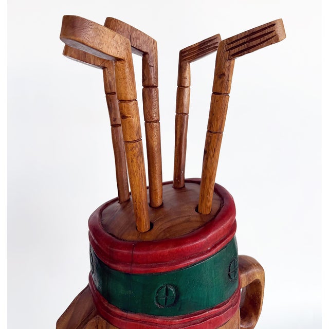 Tan Vintage Life-Sized Carved Wood Set of Golf Clubs Sculpture and Bag For Sale - Image 8 of 10