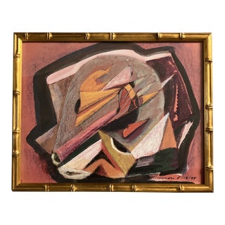 1940’s Original Vintage Abstract Pastel/Painting Signed Aviron Faux Bamboo Frame For Sale